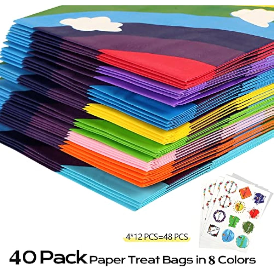 40 PCS Paper Party Bags for Kids, TOOELMON Rainbow Paper Gift Bags Candy Goodie Treat Bags with Stickers for Birthday, Picnic, Wedding Parties (130 * 80 * 240mm,Rainbow-40pcs)