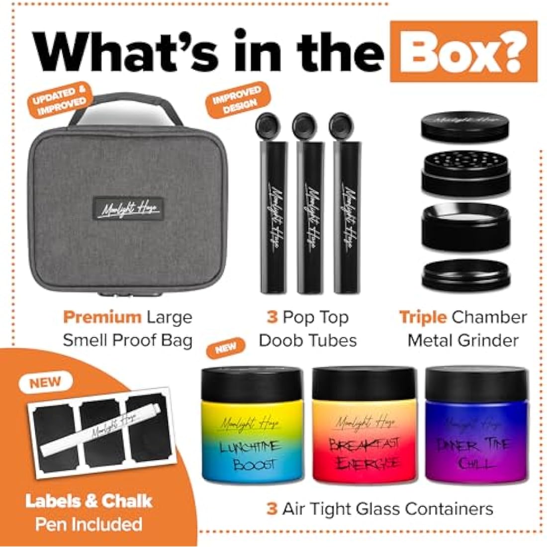 Moonlight Haze Smell Proof Bag – Smell Proof Box Stash Box Gift Set with 3 Smell Proof Containers, Metal Grinder, Integrated Rolling Tray, 3 Doob Tubes, and Stash Jars – Gifts for Men & Women