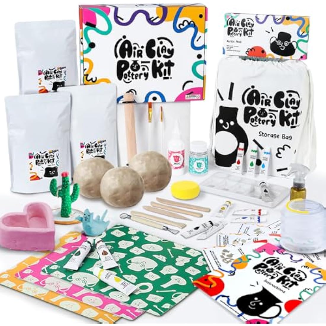 Air Dry DIY Clay Pottery Kit for Beginners & Adults, Sculpting Tools Set & Step-by-Step Guide 12 Paints Paintbrush Varnish Sponge Teen Birthday Gift