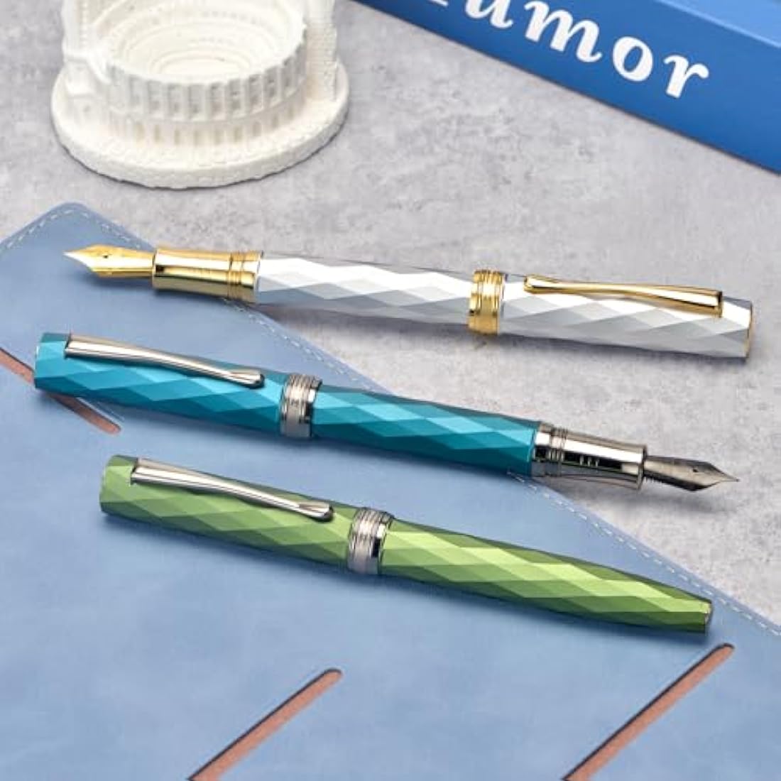 Hongdian N11 Fountain Pen, Titanium-Coated Black Fine Soft Nib, Grass Green & Lozenge Geometric Design with Metal Case Set