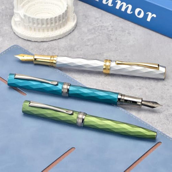 HONG DIAN N11 Fountain Pen, Titanium-Coated Black Fine Soft Nib, Peacock Blue & Lozenge Geometric Design with Metal Case Set