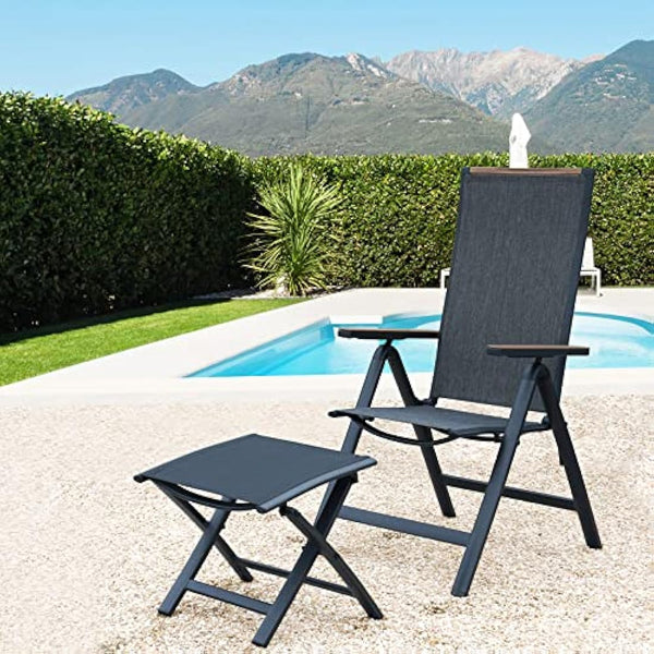 Grand patio folding chair, Aluminium garden chairs set of 2 with Armrest & Mesh breathable Seat, Adjustable 6 Position High Backrest, foldable dining chair for Outdoor, Garden, Dining room (Black)