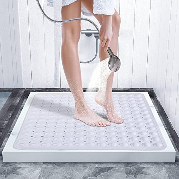 MOONLIGHT20015 Square Shower Mat Non Slip Anti Mould - 53x53cm Rubber Bath Mat PVC Shower Mats for Inside Shower with Strong Suction Cups Grip and Drain Holes - Soft Touch Machine Washable (White)