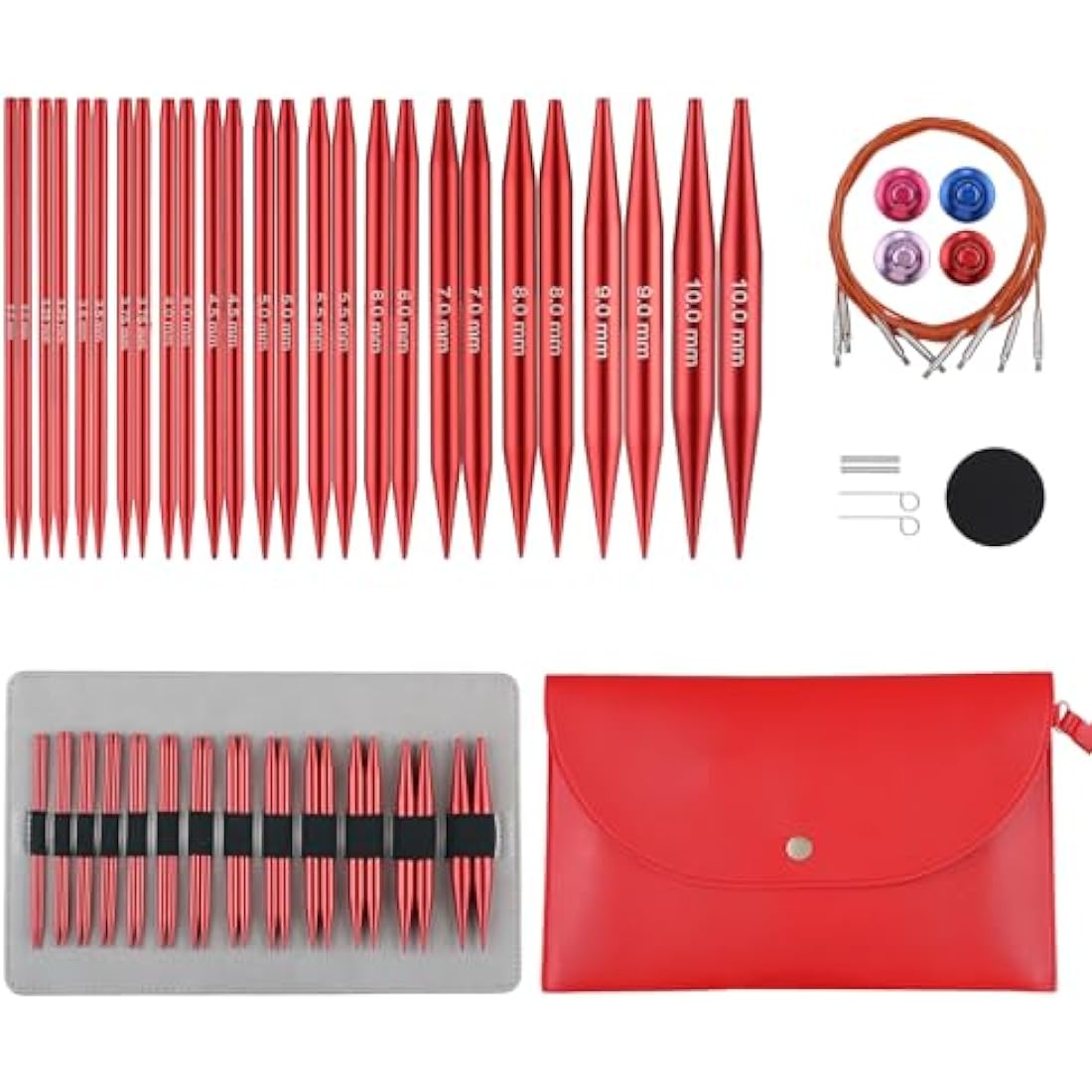 Interchangeable Circular Knitting Needles Set Sizes US 2.5, 3, 4, 5, 6, 7, 8, 9, 10, 10.5, 11, 13, 15 with Cables, Accessories and Case (Rose Red)