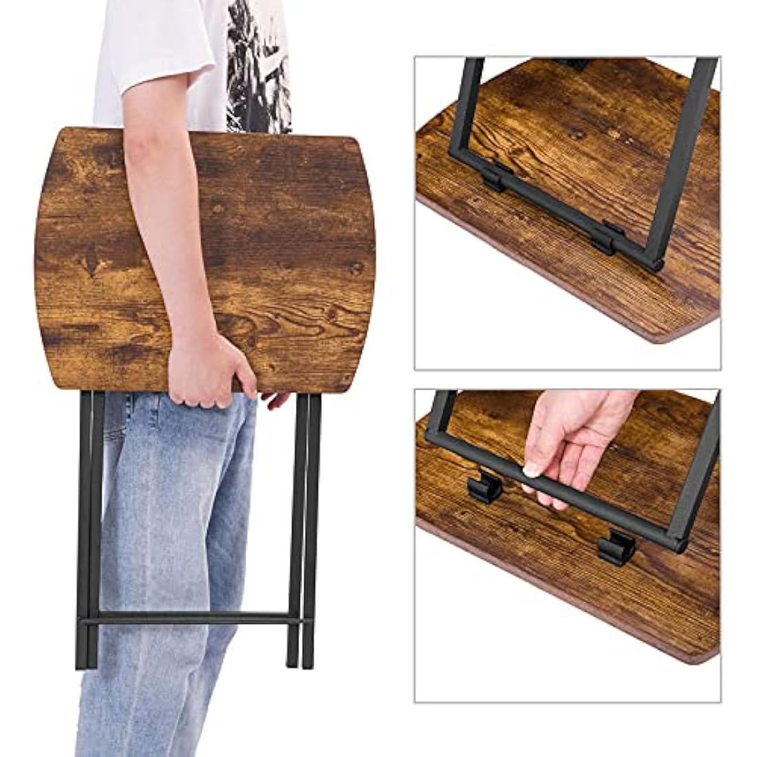 HOOBRO Side Table, Folding Tray Table, Snack Dinner Tables for Eating at Couch, Sofa End Table for Small Space, Living Room, Industrial, Easy Storage, Stable Metal Frame, Rustic Brown EBF17BZ01