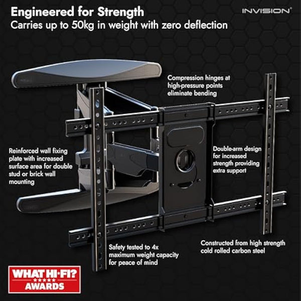 Invision Ultra Strong TV Wall Bracket Mount Double Arm Tilt & Swivel for 37-75 Inch (94-190.5cm) LED LCD OLED Plasma & Curved Screens - Up to VESA 600mm(w) x 400mm(h) - Max Load 50kg (HDTV-DXL)