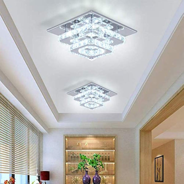 Finktonglan Crystal LED Ceiling Light, Lamp Stainless Steel K9 Modern Flush Mount Lights Fixture Square Chandelier for Dining Room Living Bedroom (Cool White)