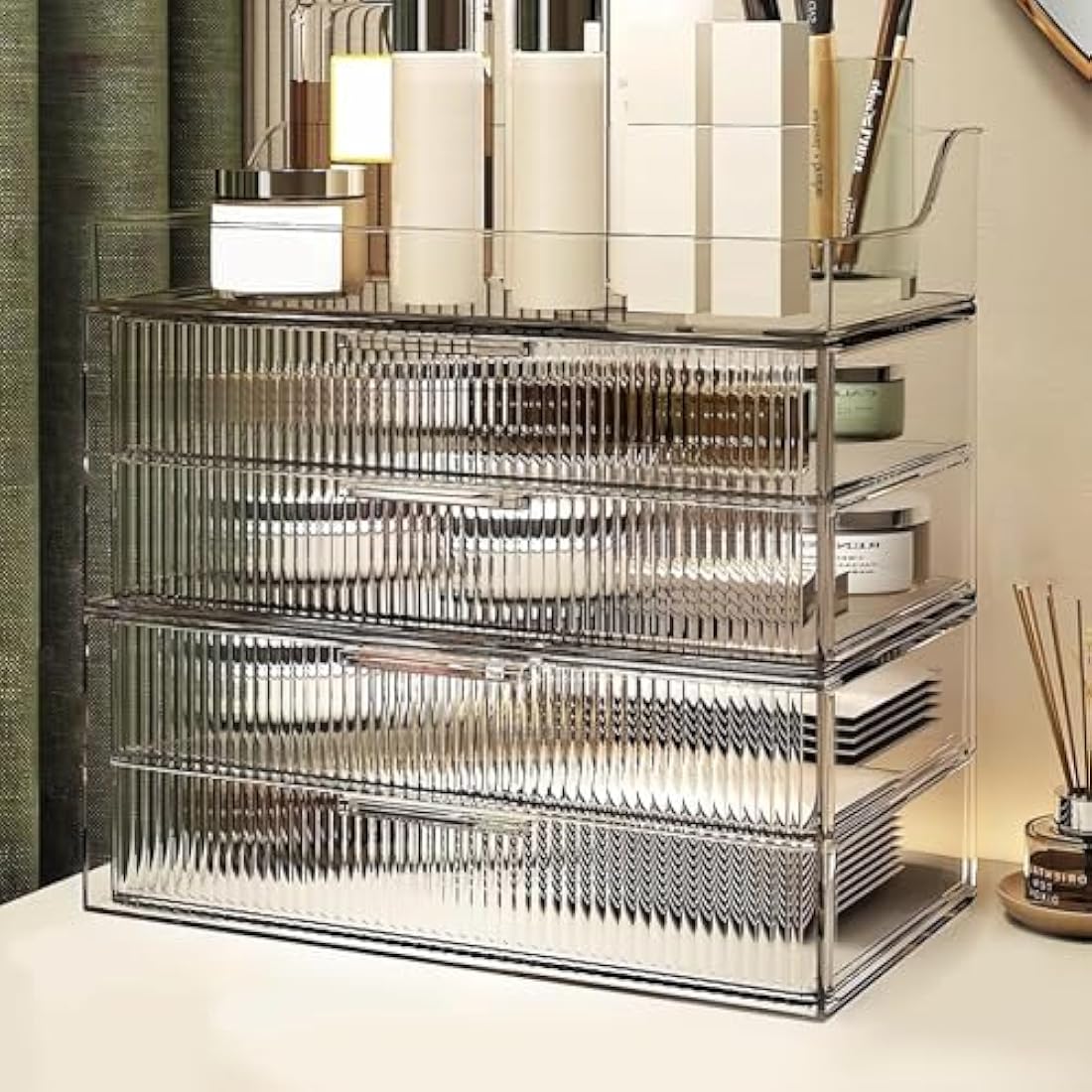 DASITON Clear Dustproof Four layers Storage Box,Makeup Brush Holder,Large Capacity Desktop Storage Box with Drawer,for Beauty Products,Perfume,Jewelry,Nail Polish