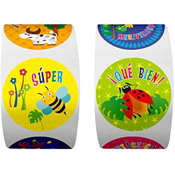 600 Teacher Reward Encouragement Motivational Spanish Espanol Sticker in 16 Animal Designs for Teachers, Classroom Use, (Each Measures 1.5" in Diameter)