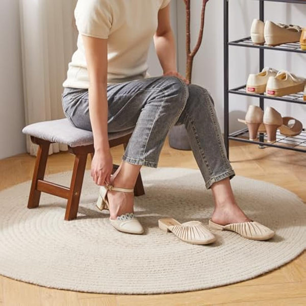 Aibiju Foot Stool, Ottoman Pouffe Stool, Low Stool Fabric Sofa Stool Cover 4 Beech Legs Suitable for Bedroom, Living Room and Kitchen, (Brown Leg + Grey cushion), YDEU-1355