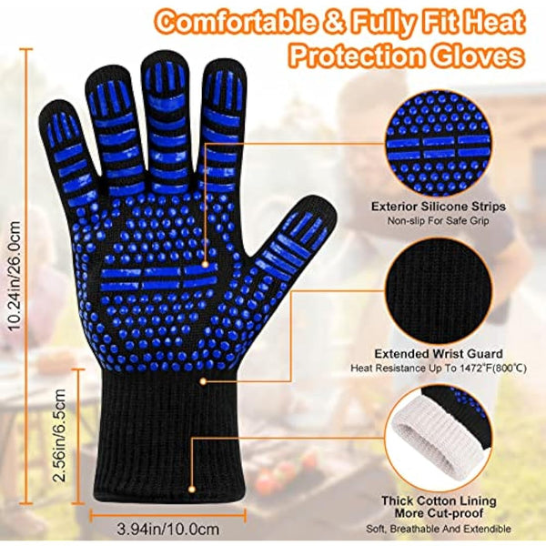 flintronic Grill Gloves Heat Resistant Fire Resistant Ovens Gloves Hand Protection Grill Gloves,1472°F/800°C Heat Resistant Oven Gloves for Grill, Cooking, Soldering (Blue)