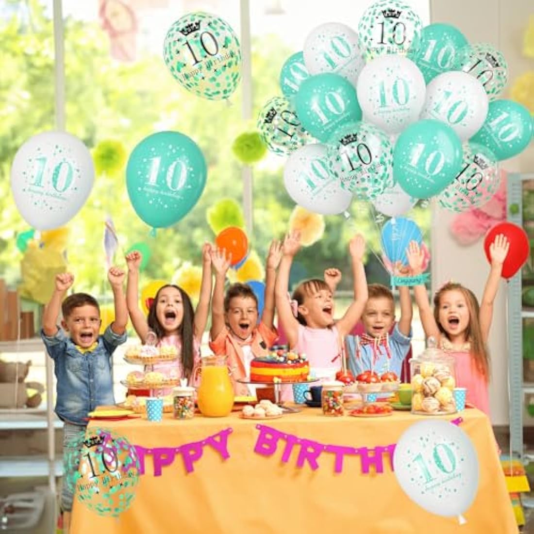 10th Birthday Decorations Girl, Teal White Happy 10th Birthday Latex Print Balloons for Boys, Turquoise White Confetti 10th Bday Party Decorations for Kids Age 10 Years Old Birthday Party Supplies