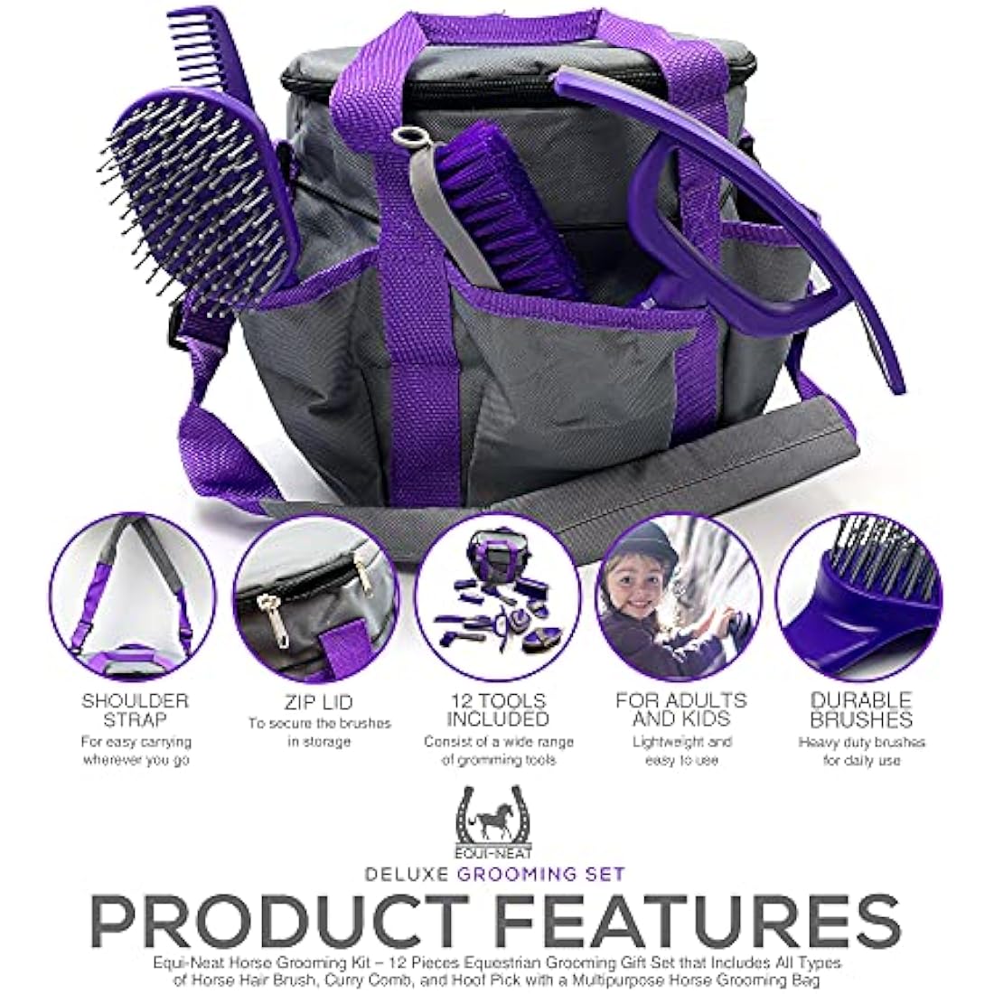 Equi-Neat Horse Grooming Kit – 12 Pieces Equestrian Grooming Gift Set that Includes All Types of Horse Hair Brush, Curry Comb, and Hoof Pick with a Multipurpose Horse Grooming Bag