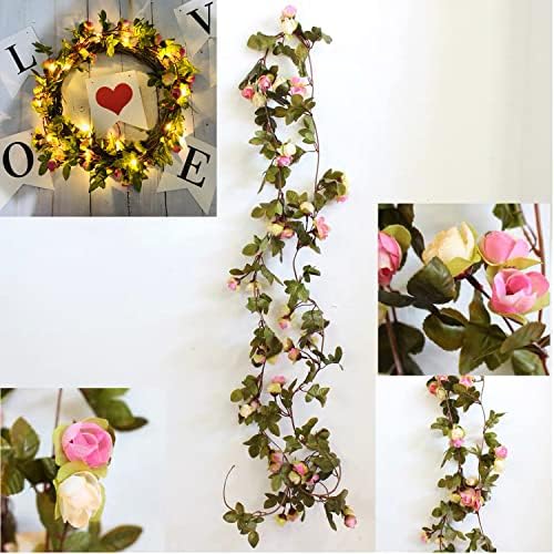 Fielegen 2 Pack Artificial Flower String Lights 4.4M 40 LED Battery Powered Rose Flower Garland with Lights for Valentine Mother's Day, Garden Wedding Birthday Holiday Party Bedroom Decor