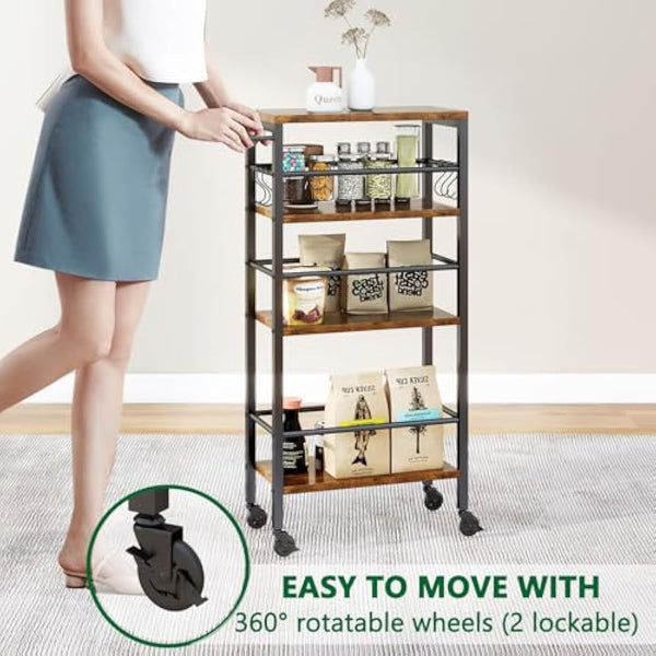 IBUYKE Slim Rolling Cart,4-Tier Metal Kitchen Storage Trolley,Trolley cart on Wheels for Narrow Space,with Handle and Wooden Tabletop,for Kitchen, Dining Room,Laundry Room,Rustic Brown TMJ065H