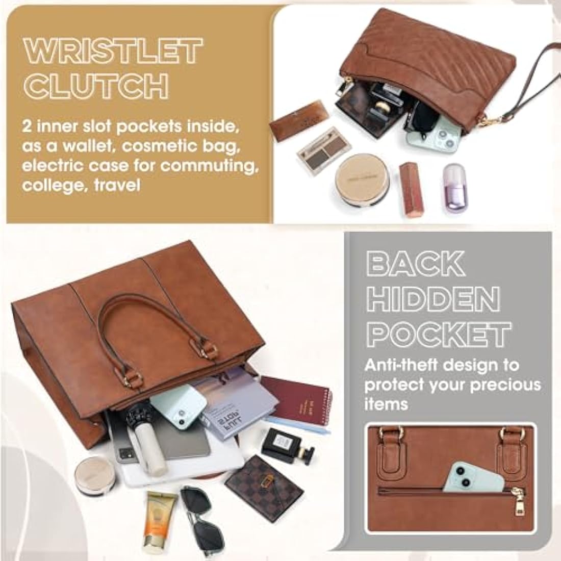 NEWHEY Laptop Bag for Women 15.6 Inch Large Work Tote Bag with Clutch Bag Designer PU Leather Briefcase Ladies Handbag with Laptop Pocket Messenger Shoulder Bag for School Office Travel Business