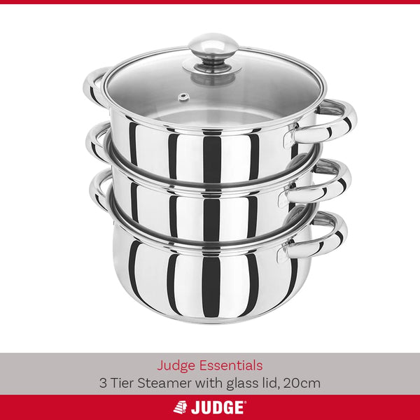 Judge Essential 3-Tier Stainless Steel Steamer - Thermic Based & Vented Glass Lid, Oven-safe Vegetable Steam Cooker with Cool Handles