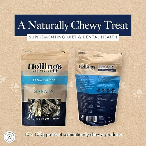 Hollings Sprats Dog Treats, 100% Natural with Fresh Fish Air Dried Treats for Dogs, Hypoallergenic and Grain Free 100g (Pack of 10)