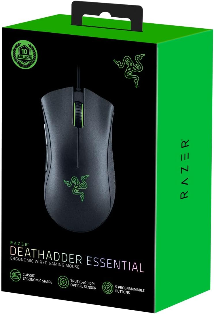 Razer DeathAdder Essential (2021) - Wired Gaming Mouse (Optical Sensor, 6400 DPI, 5 Programmable Buttons, Ergonomic Form Factor) Black