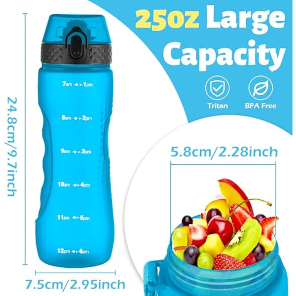 OLDLEY 750ml/25oz Water Bottles with Straw BPA Free Tritan Water Bottles for Gym School Sports Travel Leakproof Time Markings Drink Bottles Reusable Hydrate for Adult Kids Women Men(Blue, 1 Lid)