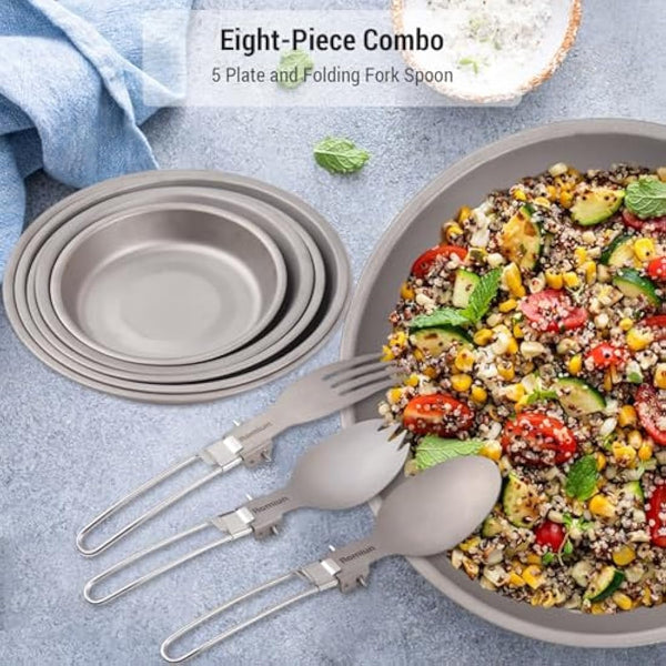 Aomiun 8PC Titanium Camping Plates Set with Utensils | Ultralight 5-Stack Outdoor Dinnerware (5 Plates + 3 Foldable Cutlery) | Corrosion-Resistant for Backpacking, Hiking, Picnic