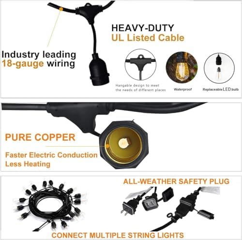 Svater Outdoor String Lights LED 15m, S14 48FT Festoon Lights Mains Powered with 15+1 2W Plastic Bulbs, IP65 Waterproof Garden String Lights for Patio Party Wedding, 2700K Warm White