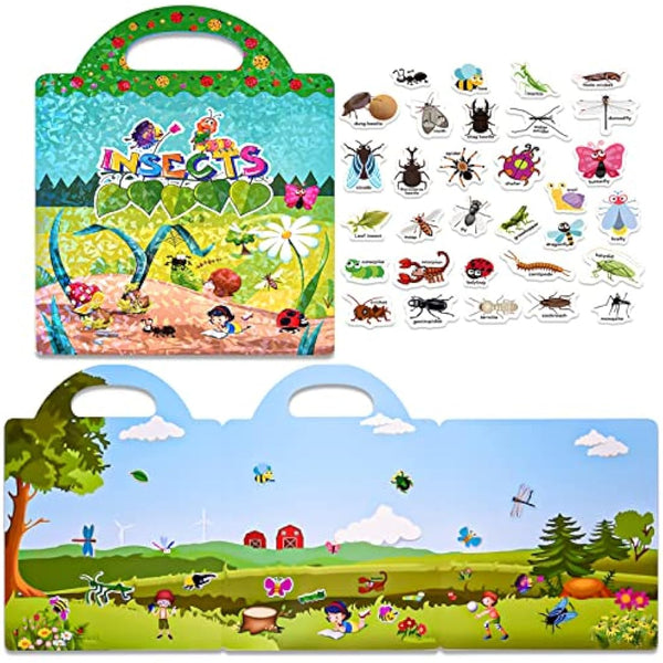 ASTARON Reusable 3D Puffy Sticker Book for Kids 3-6, Cute Waterproof Insects Stickers 88 Pcs,Puffy Sticker Game Travel Stickers and Educational Sensory Learning Toy Busy Book