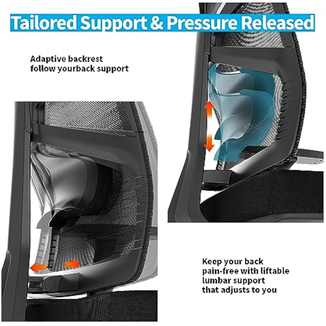 HOLLUDLE Ergonomic Office Chair with Adaptive Backrest, High Back Computer Desk Chair with 4D Armrests, Adjustable Seat Depth, Lumbar Support and 2D Headrest, Swivel Task Chair, Black