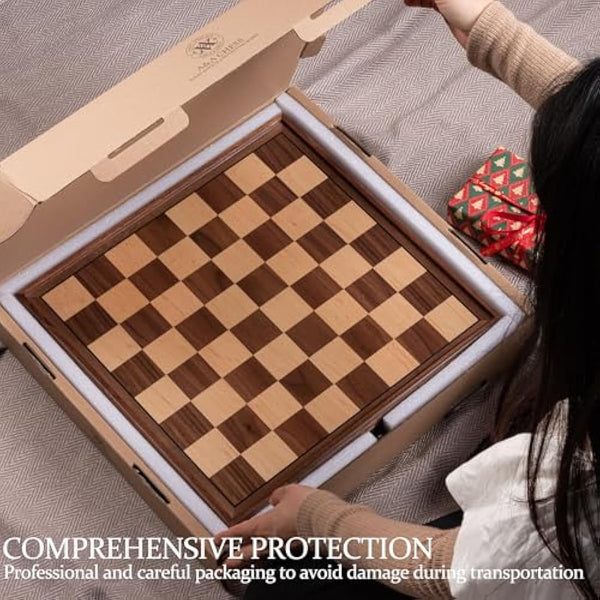 A&A 15 inch Walnut Wooden Chess Sets w/Storage Drawer/Triple Weighted Chess Pieces - 3.0 inch King Height/Walnut Box w/Walnut & Maple Inlay / 2 Extra Queen/Classic Board Games