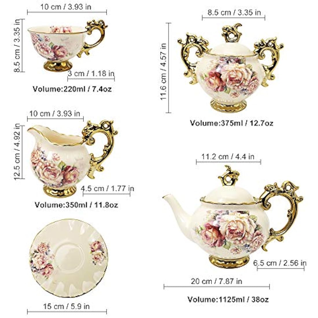 fanquare 15 Pieces British Royal Afternoon Tea Set, Floral Golden Porcelain Tea Cups and Saucers with Teapot, Elegant Wedding China Tea Service for Adults
