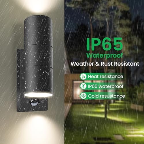 ALUSSO LIGHTING Up Down LED Wall Light PIR Motion Sensor 8W 750LM Stainless Steel Lamp, with GU10 Bulbs 3000K 4000K 6000K Adjustable, Outdoor Security Light IP65 Waterproof for Hallway Porch, Black