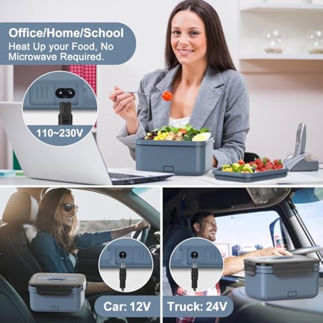 Herrfilk 100W Electric Lunch Box Adults, 1.8L Thermal Lunch Box with Compartments, Heated Lunchbox with 230V Home/Office & 12V 24V Car/Truck Cables, Insulated Lunch Bag, Spoon and Fork, Dark Blue