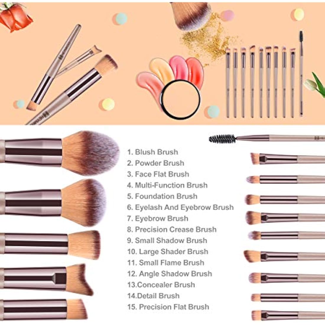 HEYMKGO Makeup Brushes, 15 Pcs Make Up Brushes Set Professional Champagne Gold Makeup Brush Pack, Foundation Blending Powder Blush Concealers Eyeshadow Eyeliner Make-up Brush Kits with Cosmetics Bag