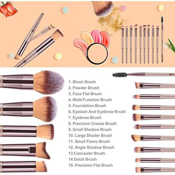 HEYMKGO Makeup Brushes, 15 Pcs Make Up Brushes Set Professional Champagne Gold Makeup Brush Pack, Foundation Blending Powder Blush Concealers Eyeshadow Eyeliner Make-up Brush Kits with Cosmetics Bag