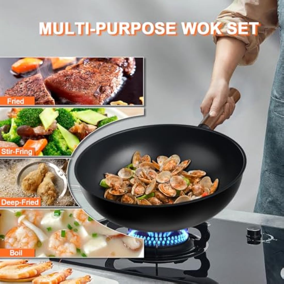 Jobin Wok Non Stick with Lid, 28cm Aluminium Wok Frying Pan, Large Capacity for Cook Asian Dishes for 3-5 People, Ideal for Induction, Gas, All Hobs