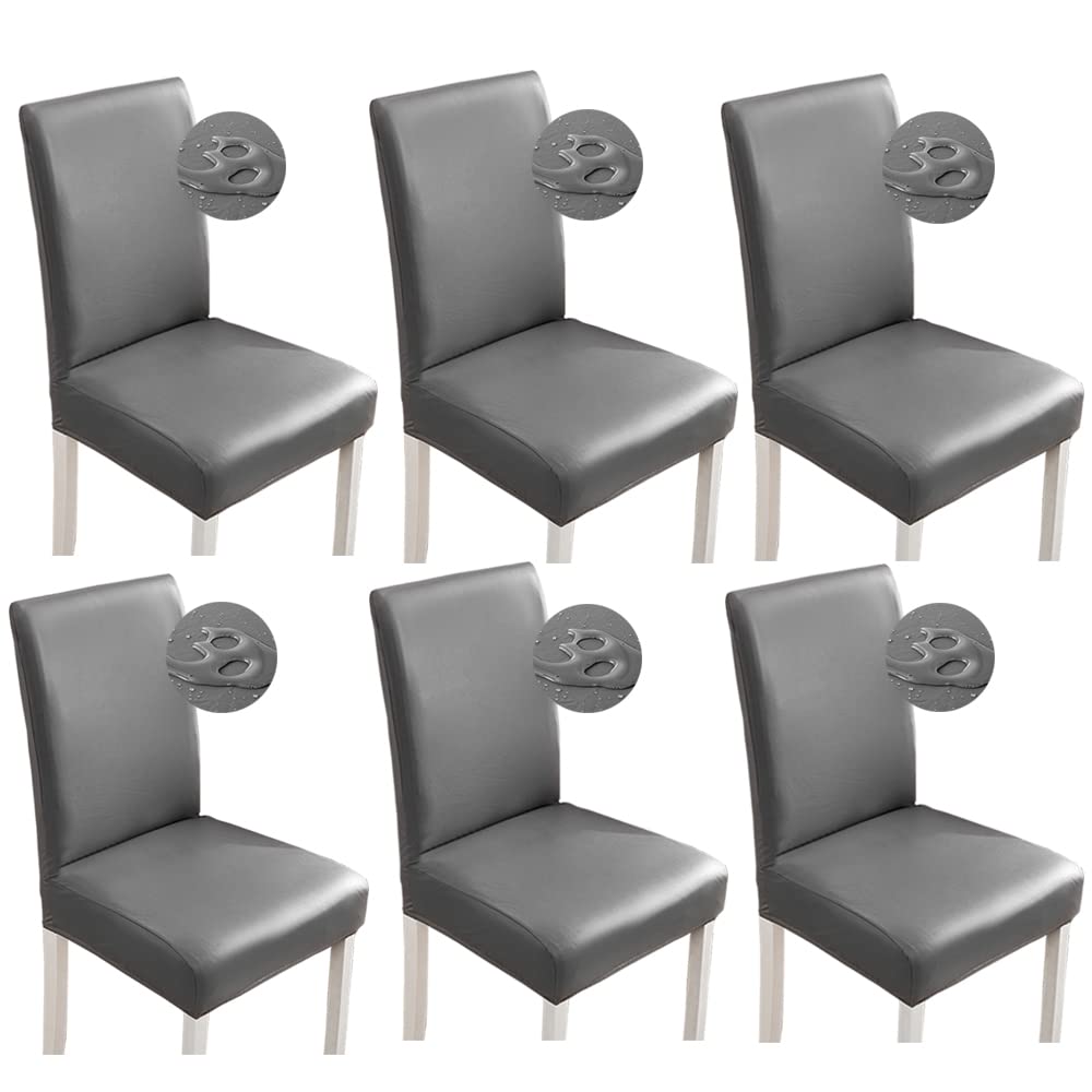 Bestenrose Stretch Dining Chair Covers Waterproof PU Leather Slipcovers Universal Chair Protectors for Dining Room Kitchen Hotel (Set of 6, Gray)