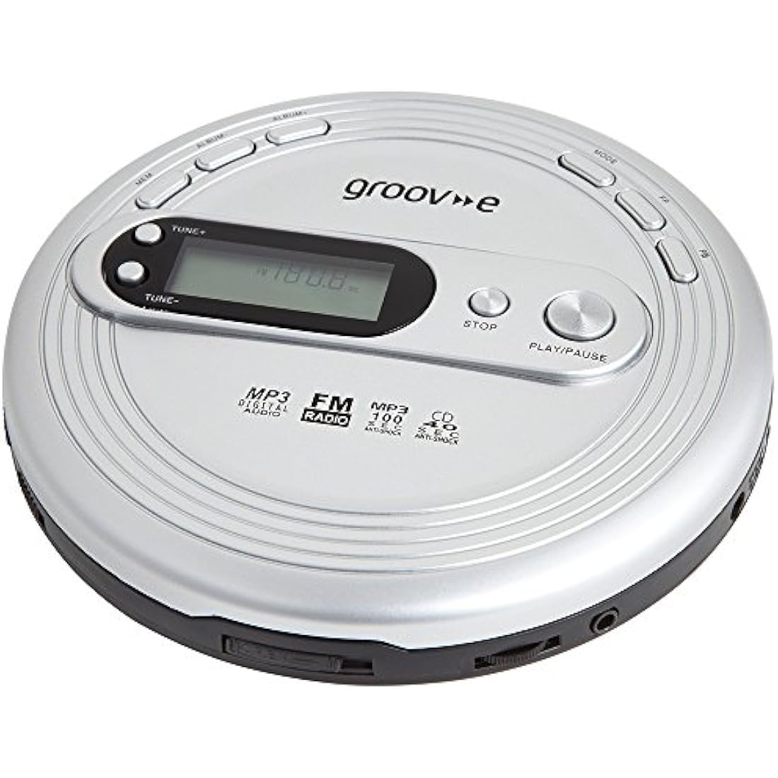 groov e RETRO Radio CD Player - Personal FM Radio with CD-R, CD-RW, & MP3 Music Playback - Anti-Skip Protection, Programmable Tracks - Earphones Included - Micro-USB or Battery Powered - Silver