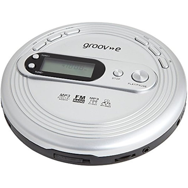groov e RETRO Radio CD Player - Personal FM Radio with CD-R, CD-RW, & MP3 Music Playback - Anti-Skip Protection, Programmable Tracks - Earphones Included - Micro-USB or Battery Powered - Silver