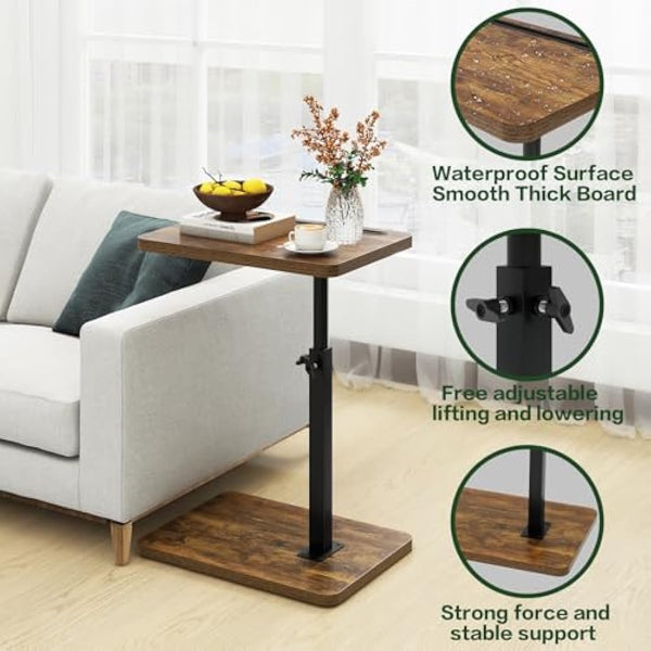 IBUYKE C Shaped Side Table, 360° Swivel Height Adjustable End Table for Small Spaces, with Phone & Tablet Slot, Modern Small Coffee Snack Table for Sofa/Bed, Retro Brown TVT003H