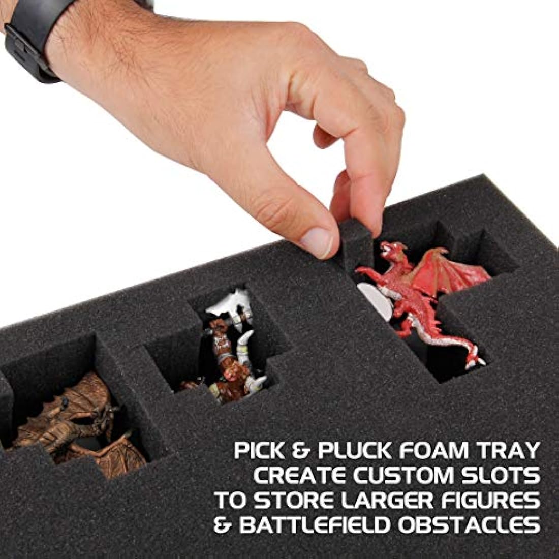 ENHANCE Portable Miniature Figure Storage and Carrying Case, 4 Foam Layers fits 108 Infantry Minis and Pick and Pluck - Book Sleeve and 2 Accessory Pockets for Measuring Tape, Dice and More