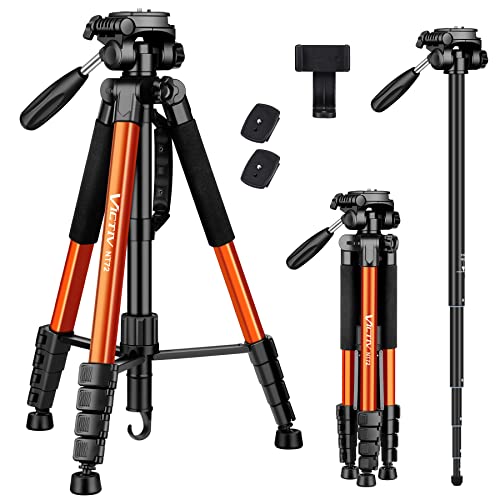 Victiv 72-inch Camera Tripod Aluminum Monopod T72 Max. Height 182cm- Lightweight and Compact for Travel with 3-way Swivel Head and 2 Quick Release Plates for DSLR Video Shooting - Black