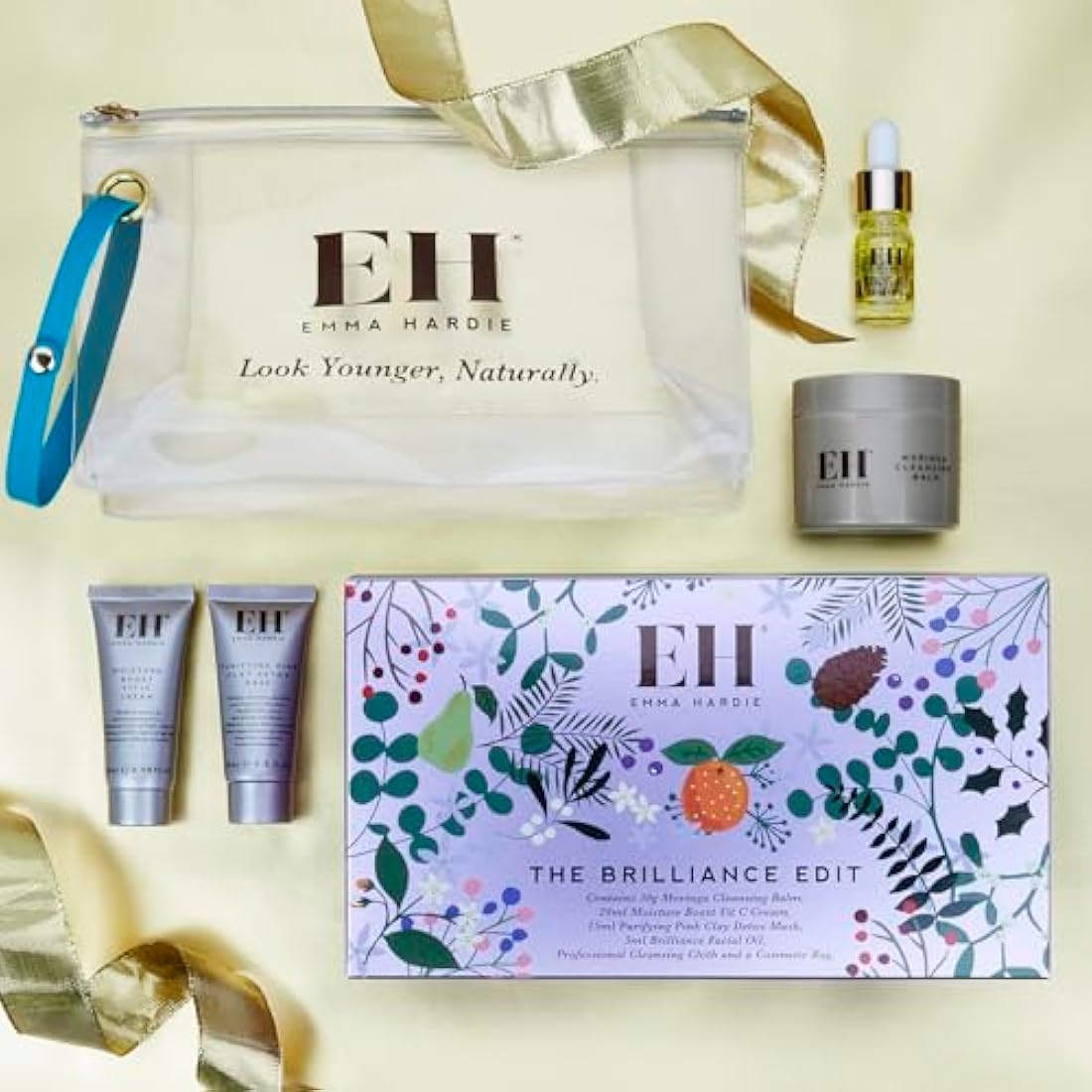 Emma Hardie The Brilliance Edit Gift Set, Featuring 4 Luxurious Skin Care Products & a Cleansing Cloth, Packed in a Convenient Cosmetic Bag, Perfect as Holiday Travel Set, Vegan & Cruelty Free