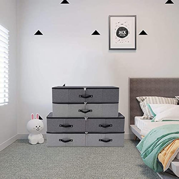 Foldable Under Bed Storage Box with Plastic Support Liner, 6 Handles, Zipper Lid, Blankets Clothes Comforters Storage Bin Organizer for Bedroom and Closet, 90×42×18cm, Black Grey
