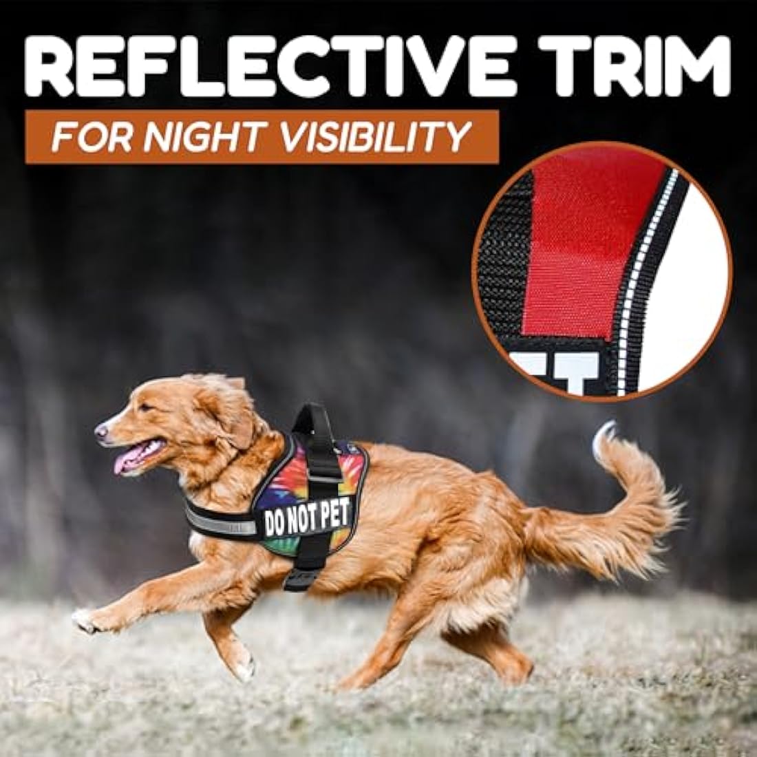 DO NOT PET Dog Vest Harness with Removable Patches and Reflective Trim. Comes with 2 DO NOT PET Reflective Removable Patches. Please Measure Dogs Girth Before Purchase