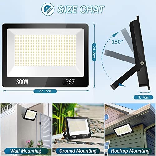 YIQIBRO 300W LED Floodlight Outdoor, 30000LM 6500K Outdoor Flood Lights Super Bright LED Security Light, IP67 Waterproof Spotlight for Garden, Garage, Yard, Factory, Warehouse