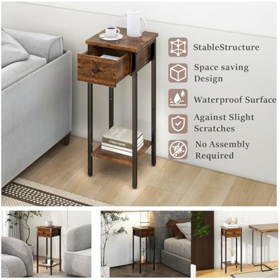 IBUYKE Slim Bedside Table Set of 2, Narrow Nightstand with Drawer, Telephone Table for Small Spaces, 25x25x70cm, Small Side End Table for Bedroom Living Room Hallway, Brown TMJ417H-2