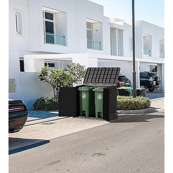 Duramax Cedargrain StoreAway 850L Plastic Garden Storage Shed - Outdoor Storage Shed, Wheelie bin box, Durable Construction, Ideal for Tools, BBQs & 2x 120L Garbage Bins, 130x74x110 cm, Dark Brown