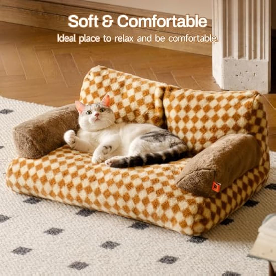 MEWOOFUN Stylish Cat Bed for Indoor Cars Large - Fluffy and Soft Cat Sofa Small Dog Sofa Bed for Dogs and Cats - 66x48cm Cute Pet Bed Couch with Non-slip Bottom, Brown