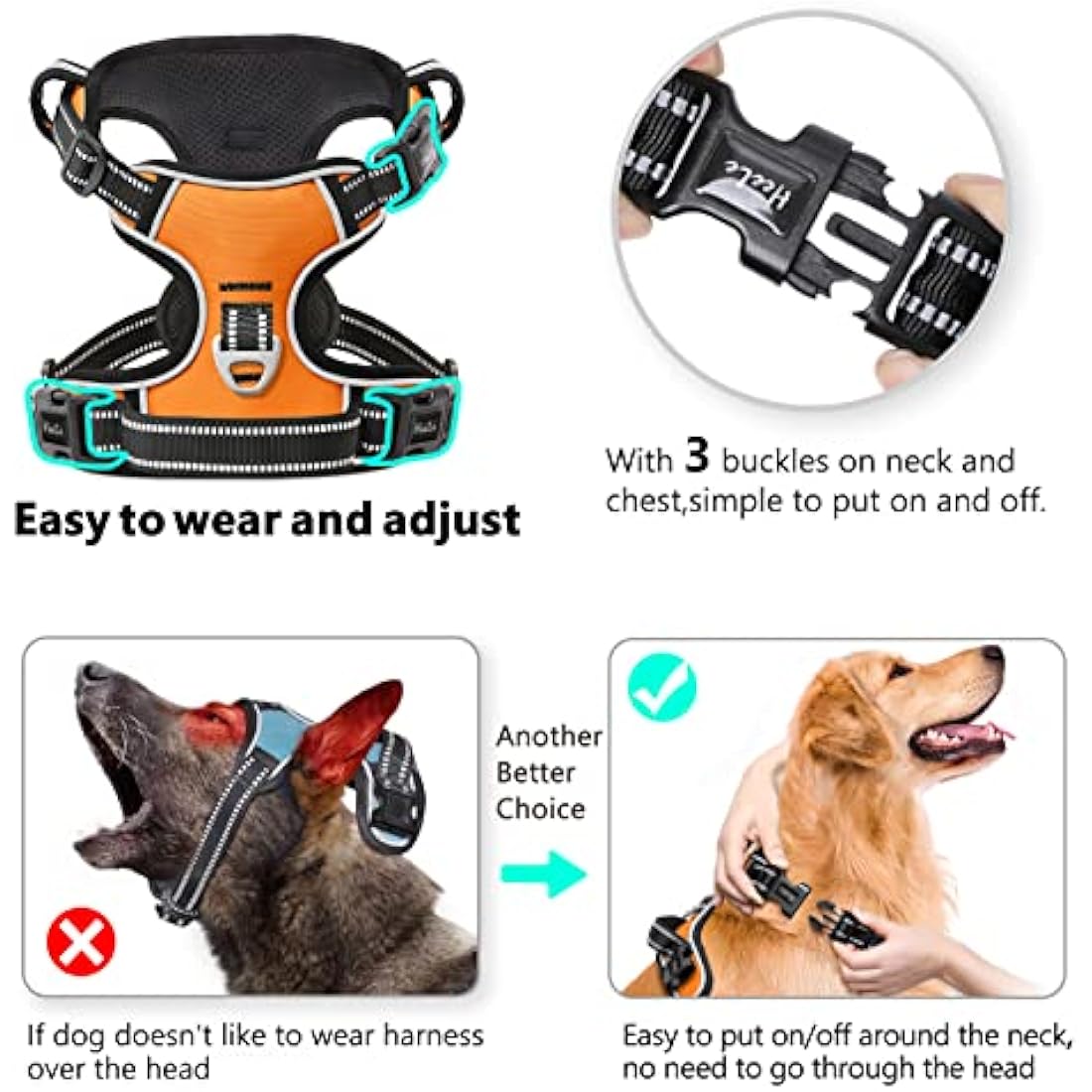 HEELE No Pull Dog Harness - Medium, Release on Neck, Reflective, Adjustable with Front & Back Leash Attachments & Soft Padded Control Handle for Dogs Walking & Training, Orange, M