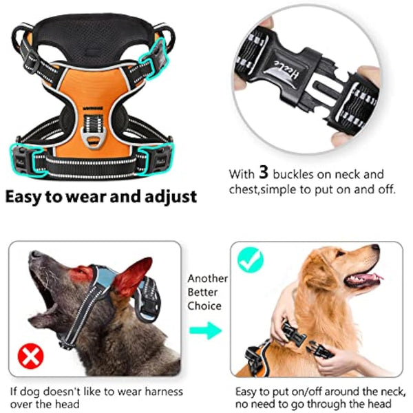 HEELE No Pull Dog Harness - Medium, Release on Neck, Reflective, Adjustable with Front & Back Leash Attachments & Soft Padded Control Handle for Dogs Walking & Training, Orange, M
